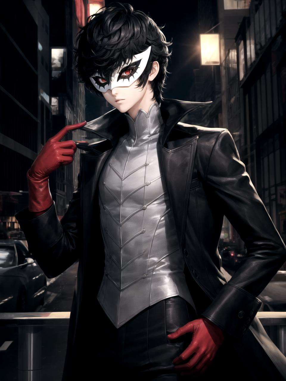 masterpiece, best quality, 1boy, solo, male focus, dsjoker, black hair, short hair, red eyes, mask, high collar, black coat, grey shirt, long sleeves, pants, red gloves, city, city lights, skyscraper, night, detailed background <lyco:dsjoker-v2_lc_768:1>