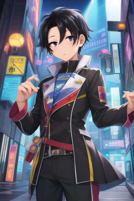 masterpiece, best quality, illustration, 1boy, solo, male focus, looking at viewer, , depth of field, <lora:kou_yamori:0.70>, kou_yamori, black hair, black eyes, sanpaku, disco costume, soft science fiction,