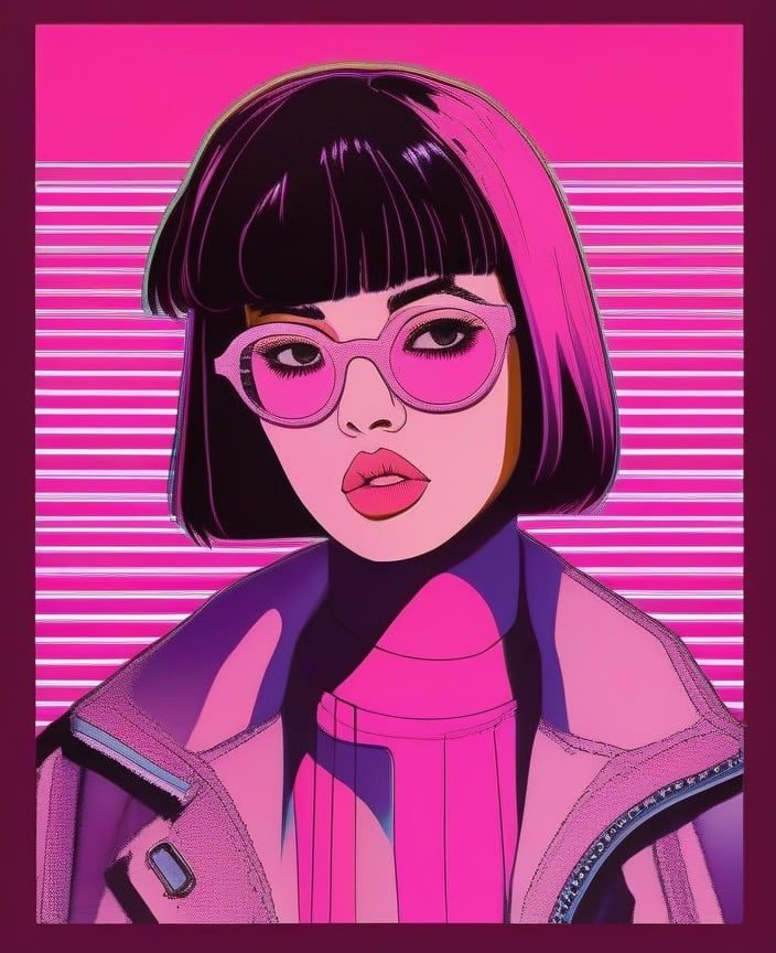 1girl, aesthetic, bangs, blunt bangs, glasses, jacket, lips, looking at viewer, parted lips, pink background, pink hair, pink theme, portrait, short hair, solo, teeth, tinted eyewear, vaporwave<lora:sdxl_aesthetic:1>