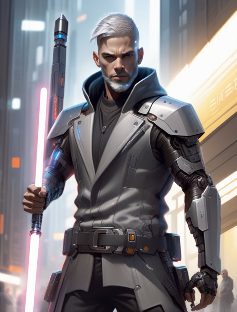 (masterpiece, best quality),1boy, beard, belt, city, cyberpunk, cyborg, cyborg style, energy sword, facial hair, grey hair, hood, hood down, jacket, kneeling, lightsaber, looking at viewer, male focus, mechanical arms, pants, realistic, science fiction, short hair, single mechanical arm, solo, sword, weapon <lora:sdxl_cyborg style-000003:0.65>