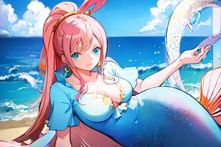 Shirahoshi, mermaid, scales of fish, <lora:Shirahoshi_V1-000003:1>, detailed face,  beach,, (masterpiece:1.2), highres, best quality, 8k,