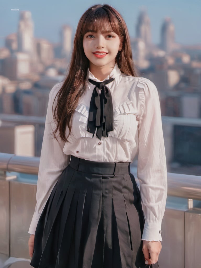 (RAW photo, best quality), (realistic, photo-realistic:1.2), a close up portrait photo, 1girl, shopping mall rooftop cafe, outdoor, smile, (high detailed skin:1.4), puffy eyes, gorgeous hair, air bangs, brown black hair, white opaque shirt with bow tie, pure red pleated skirt, soft lighting, high quality,,<lora:Lis4-0000010:1>