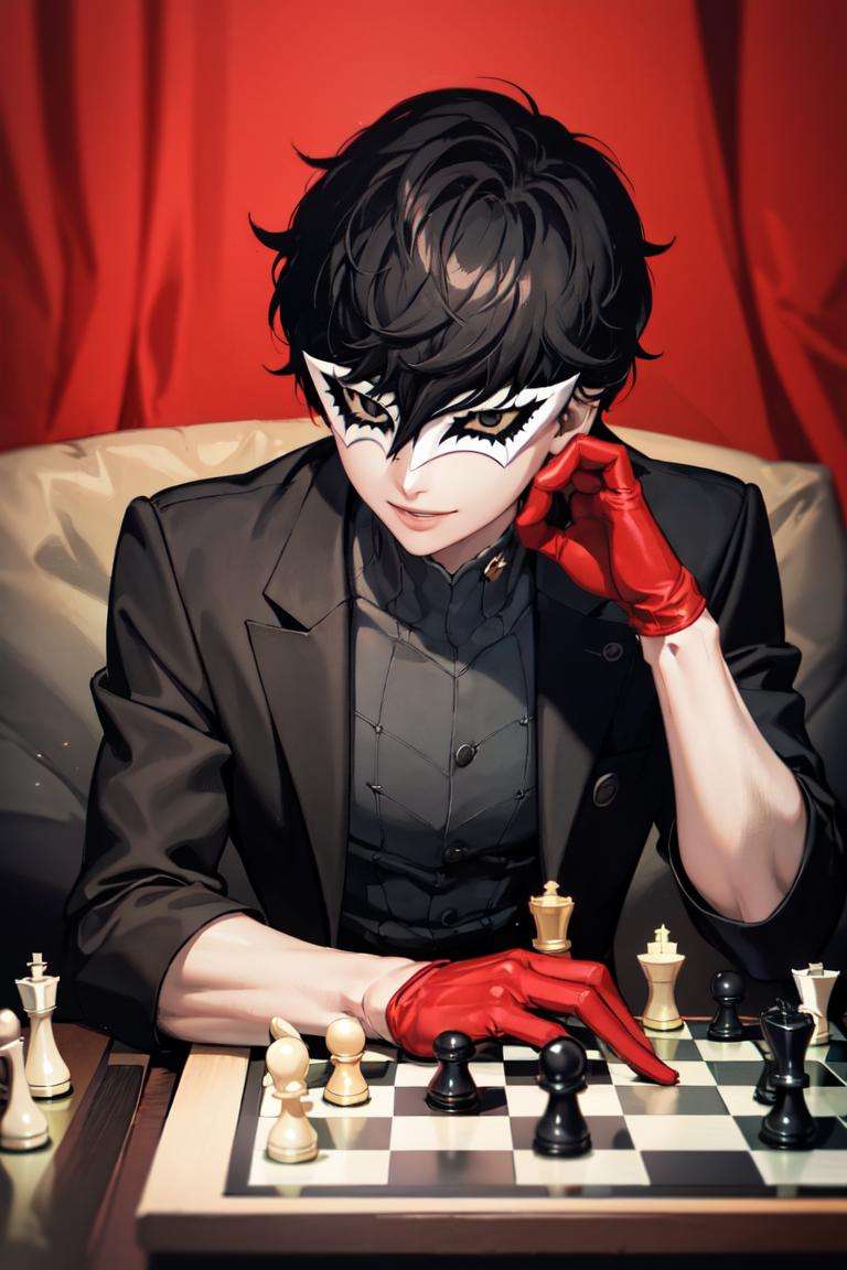 masterpiece, best quality, absurdres, 1boy, solo, AmamiyaRen, (mask), black coat, black shirt, red gloves, smile, sitting, chess board, table, upper body, <lora:AmamiyaRen:1>