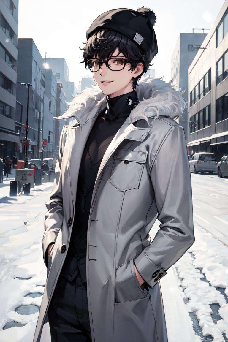 masterpiece, best quality, absurdres, 1boy, solo, AmamiyaRen, glasses, winter coat, turtleneck, fur hat, outdoors, snow, smile, hands in pockets, <lora:AmamiyaRen:0.9>