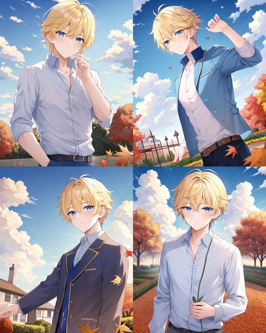 masterpiece, best quality,1boy, medium hair, blonde hair, blue  eyes, bishounen, colorful, autumn, cumulonimbus clouds, lighting, blue sky, falling leaves, garden