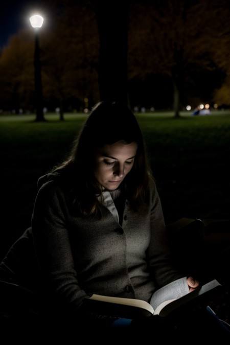 woman reading a book in the park, flashlight , close up <lora:nighttime_v1:0.8>