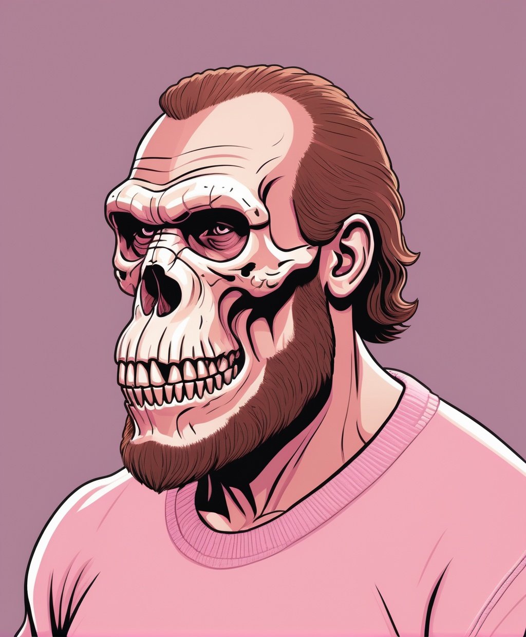 GTA-Style Digital illustration Graphic Novel Comic PFP Neanderthal-Ape skull character Wearing Pastel Pink jumper