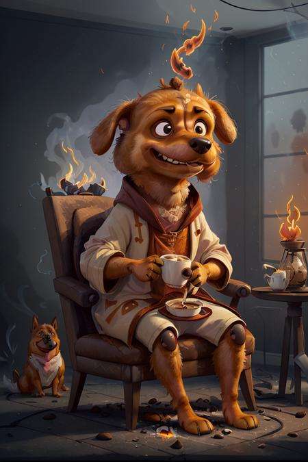 (anthropomorphic dog:1.5) holding a coffee cup, sitting, in a robe, eating breakfast and holding a coffee cup, hat, particles, volumetric lighting, room burn down, ground and chair on fire, lots of gadgets and equipment on fire, smoke, (flames all around:1.2)