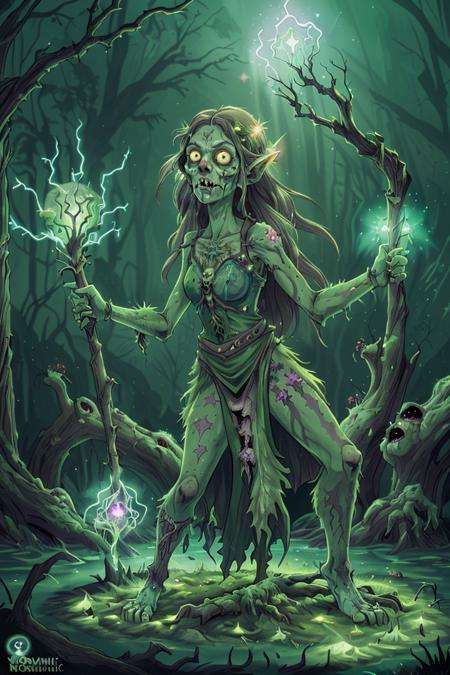 medieval Russia fantasy,female druid,(zombie:1.3),(dynamic pose:1.3),entangled with roots,in a swamp,detailed background,(glowing nature magic:1.3),(glowing green eyes:1.1),(glowing green tattoos:1.1),tattered green clothing dress graas,holding a stick,close up,midnight,(particle effects:1.2)