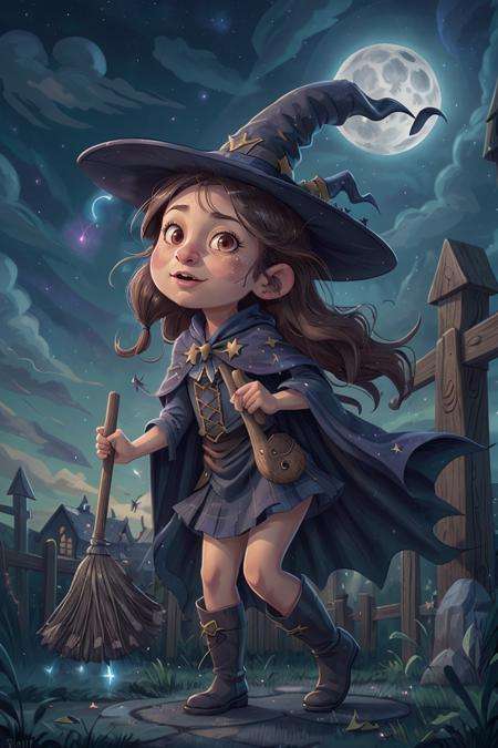 Close up, 1girl, solo, fantasy, flying, broom, night sky, outdoors, magic, spells, moon, stars, clouds, wind, hair, cape, hat, boots, witches, (face visible:0.6), puffy eyes, gorgeous hair, beautiful face, aesthetic body