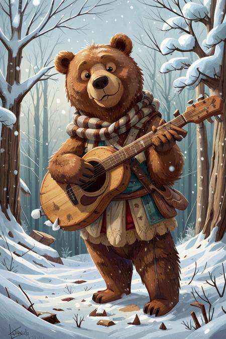 animal, bear plaiyng lute \(instrument\), snow, winter, forest