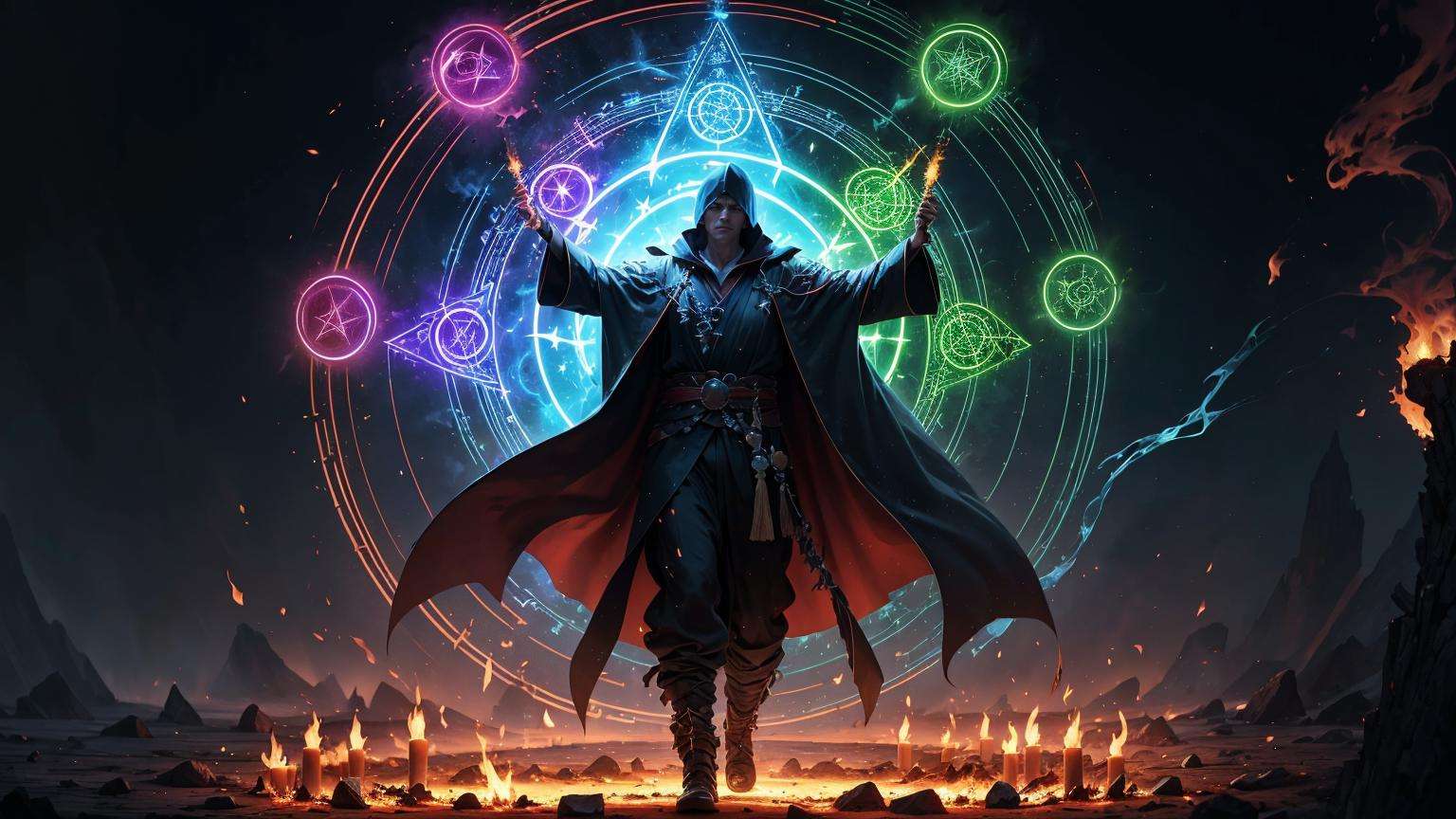 1 man, full body, colorful,  glowing, blue sky, magic, fire, Unknown terror, arcane, Around the magic ,magic surrounds ,magic rod, blue flame, Warlock, Magical Circle, Pentagram, incantation, mantra, red theme, aura, night background, robe, thorn, hologram, pauldrons, masterpiece, ultra realistic,32k,extremely detailed CG unity 8k wallpaper, best quality <lyco:MagicalCircle_Sora:0.6>