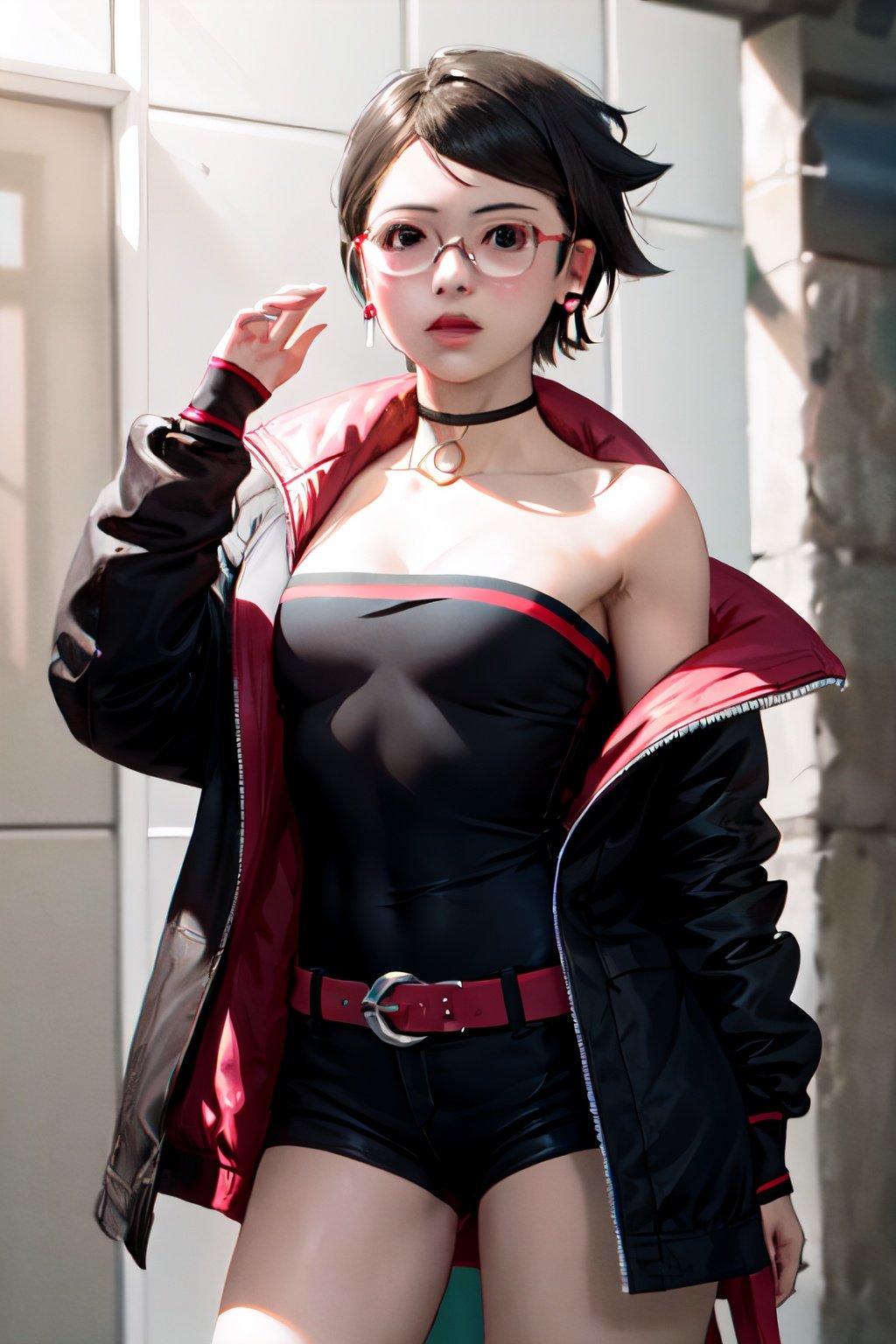 masterpiece, best quality, highres, 1girl, sarada, jewelery, earrings, solo, glasses, black eyes, cowboy shot, bare_shoulders, black shortts, belt, jacket, jewelery