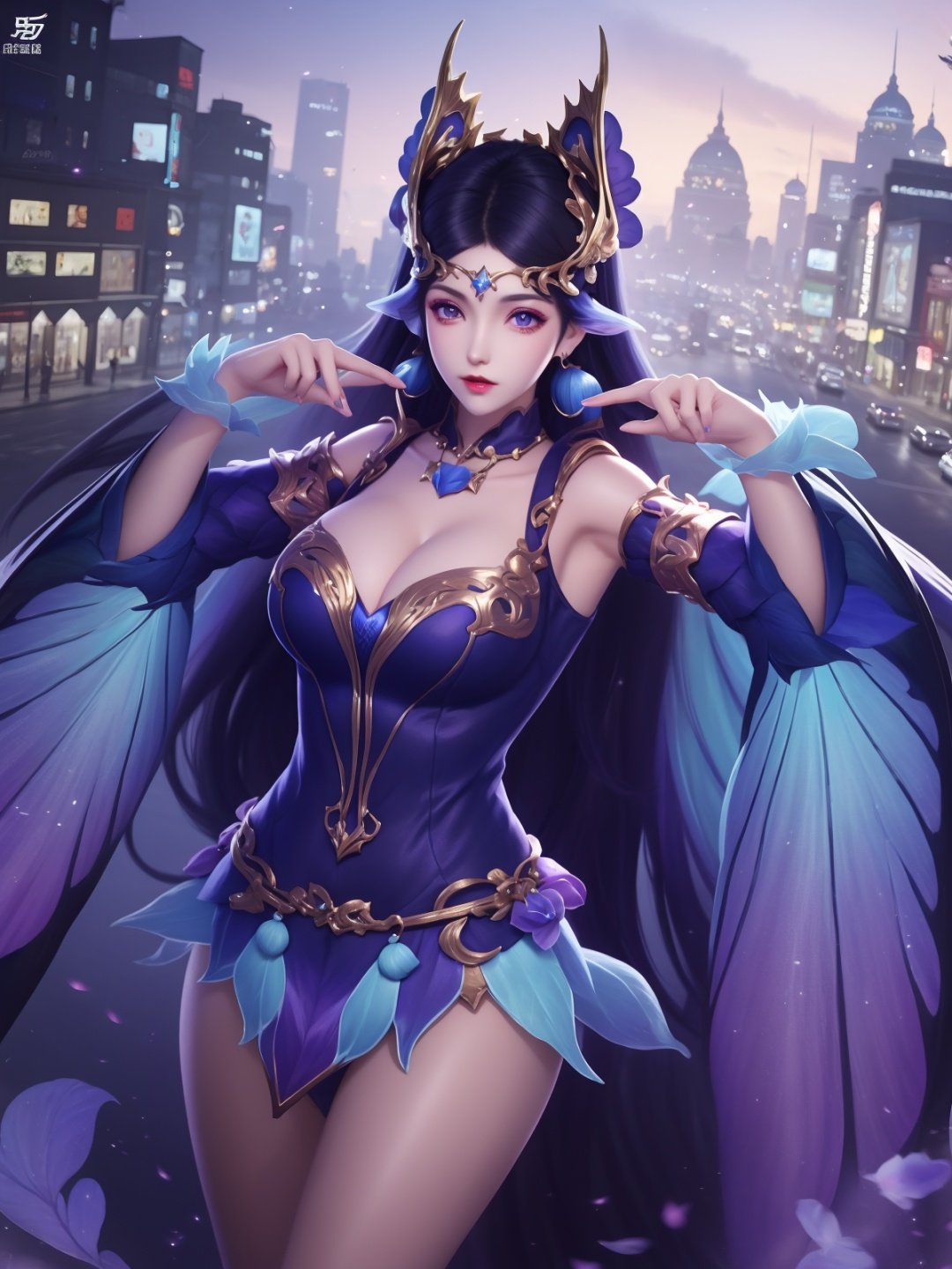 WZRYdiaochanZXYZM,1girl, mature female,cityscape,looking at viewer,dress, purple eyes, detached sleeves,breasts, hair ornament, jewelry,cowboy shot, <lora:WZRYdiaochanZXYZMgfFF:0.8>