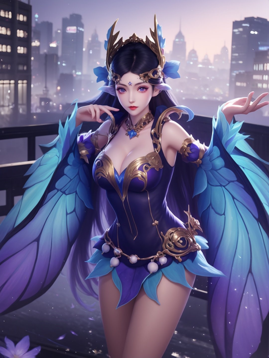 WZRYdiaochanZXYZM,1girl, mature female,cityscape,looking at viewer,dress, purple eyes, detached sleeves,breasts, hair ornament, jewelry,cowboy shot, <lora:WZRYdiaochanZXYZMgfFF:0.8>