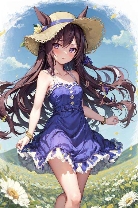 masterpiece, best quality,mejiro dober \(umamusume\),standing, crossed legs, flowers, flowers fields, reaching out,sun hat, straw hat, barefoot, blue dress, sleeveless dress, bracelet , bare shoulders, collarbone, ears through headwear<lora:mejiro_dober_lora:0.8>