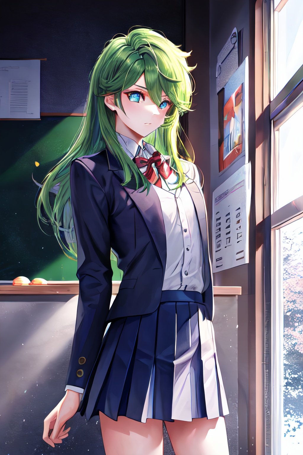 masterpiece, best quality, highres, 1boy, shun, long_hair, green hair, blue_eyes, school_uniform