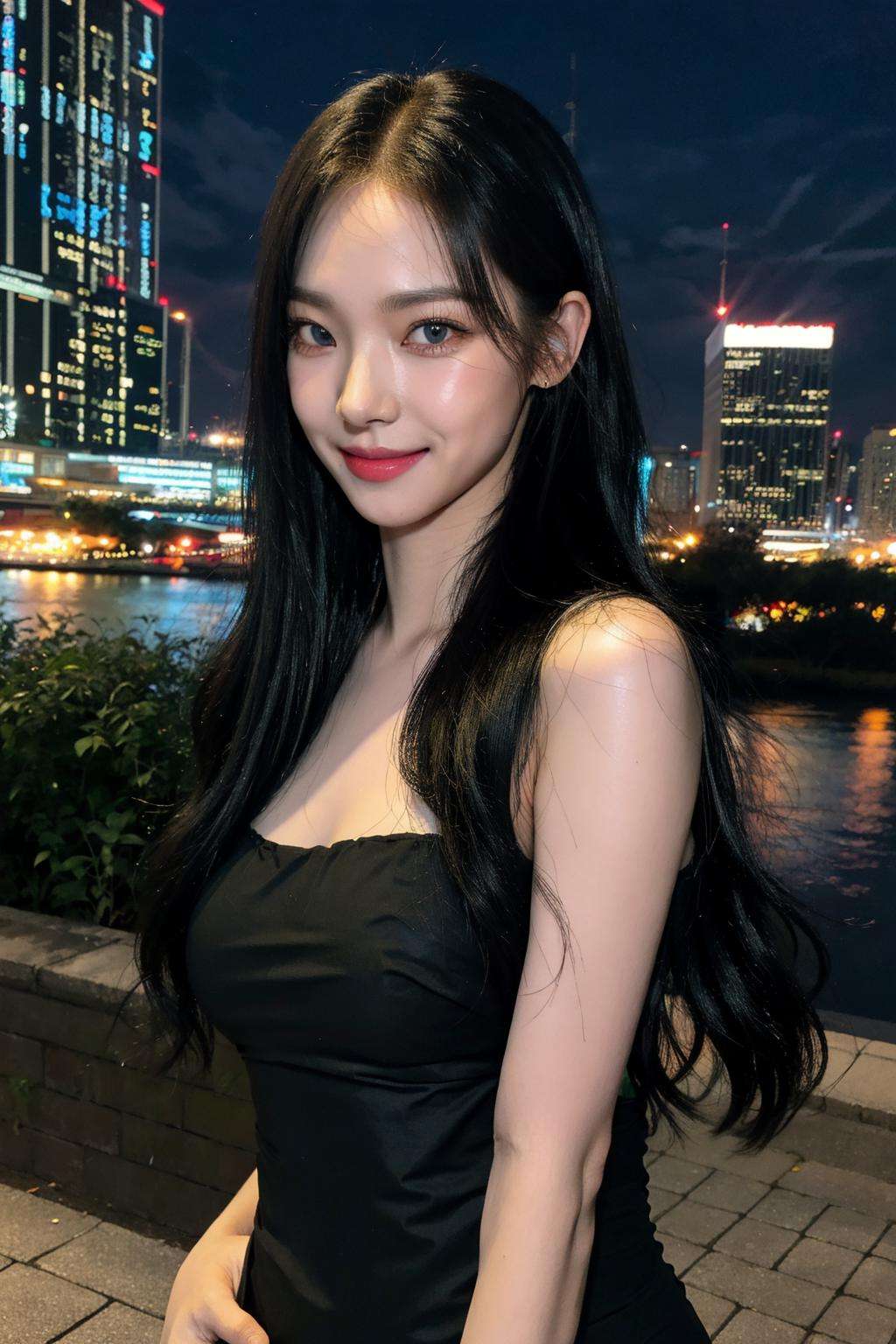 nikon RAW photo,8 k,Fujifilm XT3,close up photo, masterpiece, best quality, 1girl,solo,realistic, photorealistic, (extremely detailed face), ultra-detailed eyes and pupils, ultra detailed, serious expression, slender figure, standing against a city skyline at night, tight black dress, sleeveless, tiny waist, big hip, smile, <lora:karinalorashy:1>