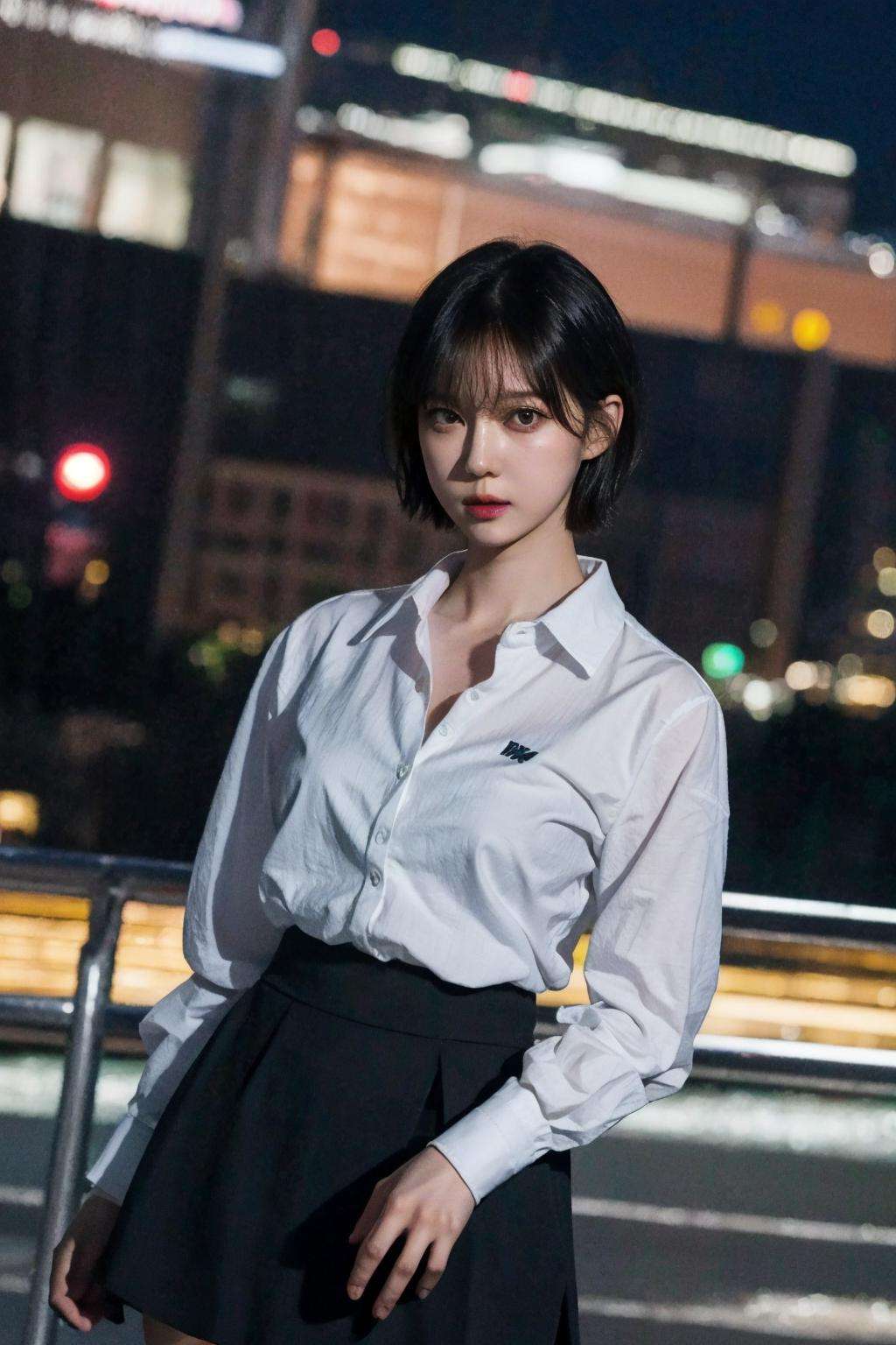 nikon RAW photo,8 k,Fujifilm XT3,close up photo, masterpiece, best quality, 1girl,solo,realistic, photorealistic, (extremely detailed face), ultra-detailed eyes and pupils, short hair, bangs, ultra detailed, serious expression, slender figure, standing against a city skyline at night, business suits,shirts,Suit skirt, <lora:winterlorashy:0.85>