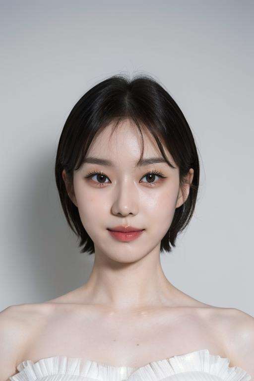 (masterpiece, top quality, best quality, (close-up photograph: 2), ((1girl)), korean, slim face, fair skin, (extremely detailed face), ((looking at viewer)),  (ultra-detailed eyes and pupils), ((bare pectorals)), ((bare chest)), ((tube dress)), bare head, (((bare shoulders))), symmetrical frame, (((strapless))), ((smile)), ((symmetrical pose)), (symmetrical face: 1.6), 35mm, minimal plain white background, direct lighting, short hair, bangs, no watermark <lora:winterlorashy:0.85>