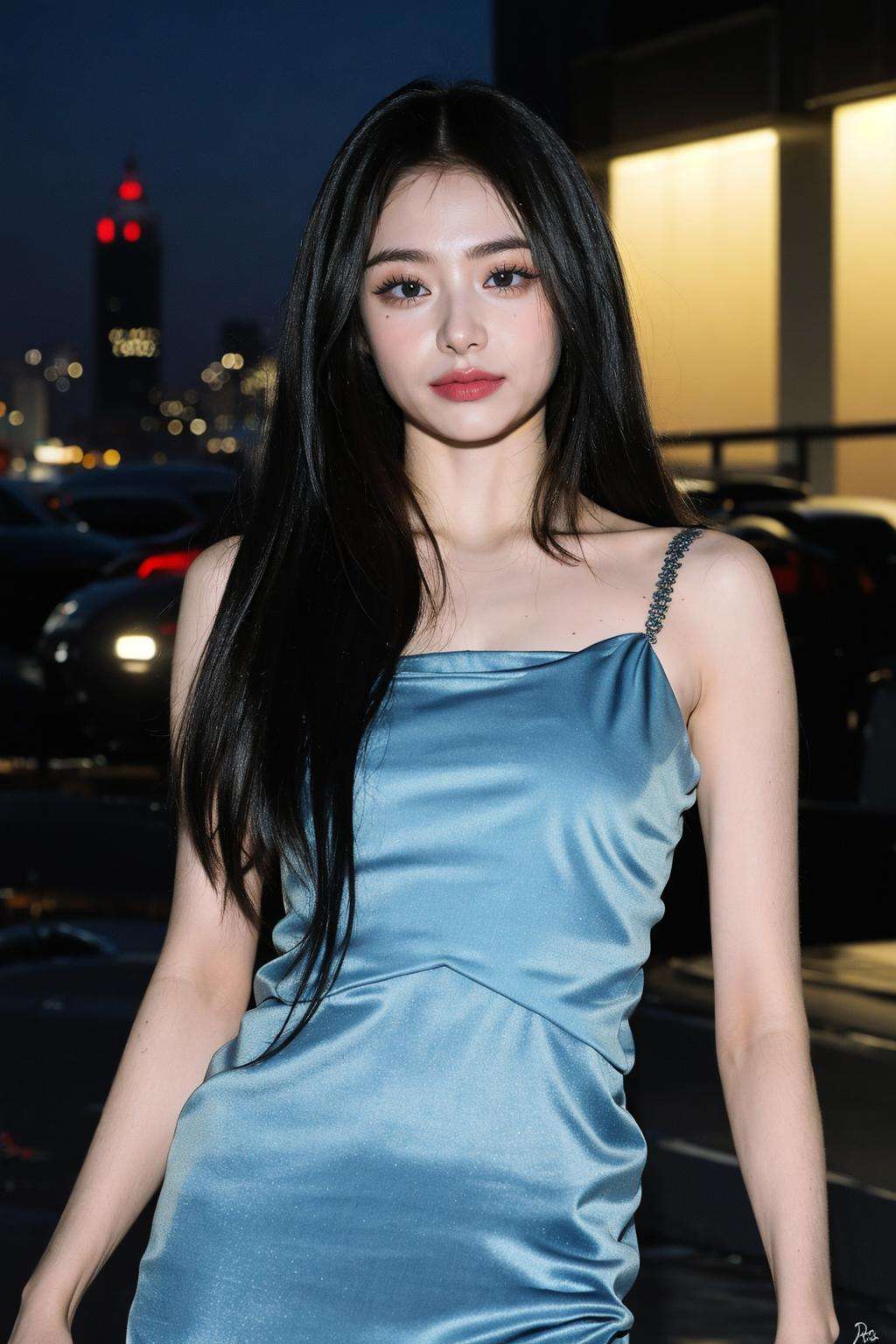 nikon RAW photo,8 k,Fujifilm XT3,close up photo, masterpiece, best quality, 1girl,solo,realistic, photorealistic, (extremely detailed face), ultra-detailed eyes and pupils, ultra detailed, serious expression, slender figure, standing against a city skyline at night, (tight dress), sleeveless, tiny waist, big hip, smile, perfect fingers, <lora:yunjinlorashy:1>