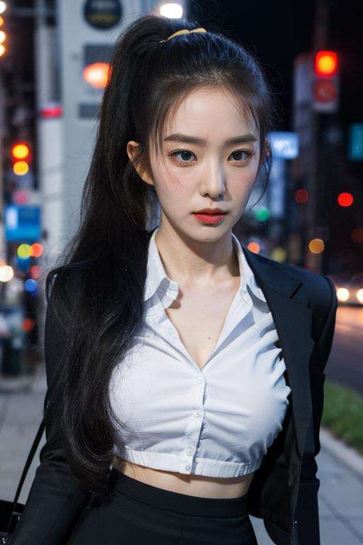 nikon RAW photo,8 k,Fujifilm XT3,close up photo, masterpiece, best quality, 1girl,solo,realistic, photorealistic, (extremely detailed face), ultra-detailed eyes and pupils, ultra detailed, high ponytail, serious expression, slender figure, standing against a city skyline at night, business suits,shirts,Suit skirt, (((abs))), <lora:irenelorashy:1>