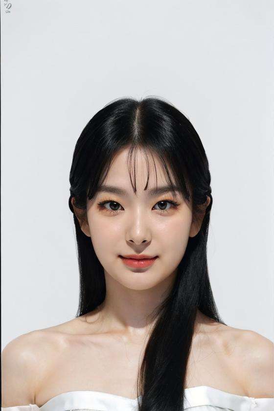 (masterpiece, top quality, best quality, (close-up photograph: 2), ((1girl)), korean, slim face, fair skin, (extremely detailed face), ((looking at viewer)), (ultra-detailed eyes and pupils), (ultra-detailed eyelashes) ((bare pectorals)), ((bare chest)), ((tube dress)), bare head, ((bare shoulders)), symmetrical frame, (((strapless))), (((smile))), ((symmetrical pose)), (symmetrical face: 1.6), 35mm, (((white studio background))), direct lighting, no watermark, (((black hair))), (((long hair))), <lora:seulgilorashy:1>