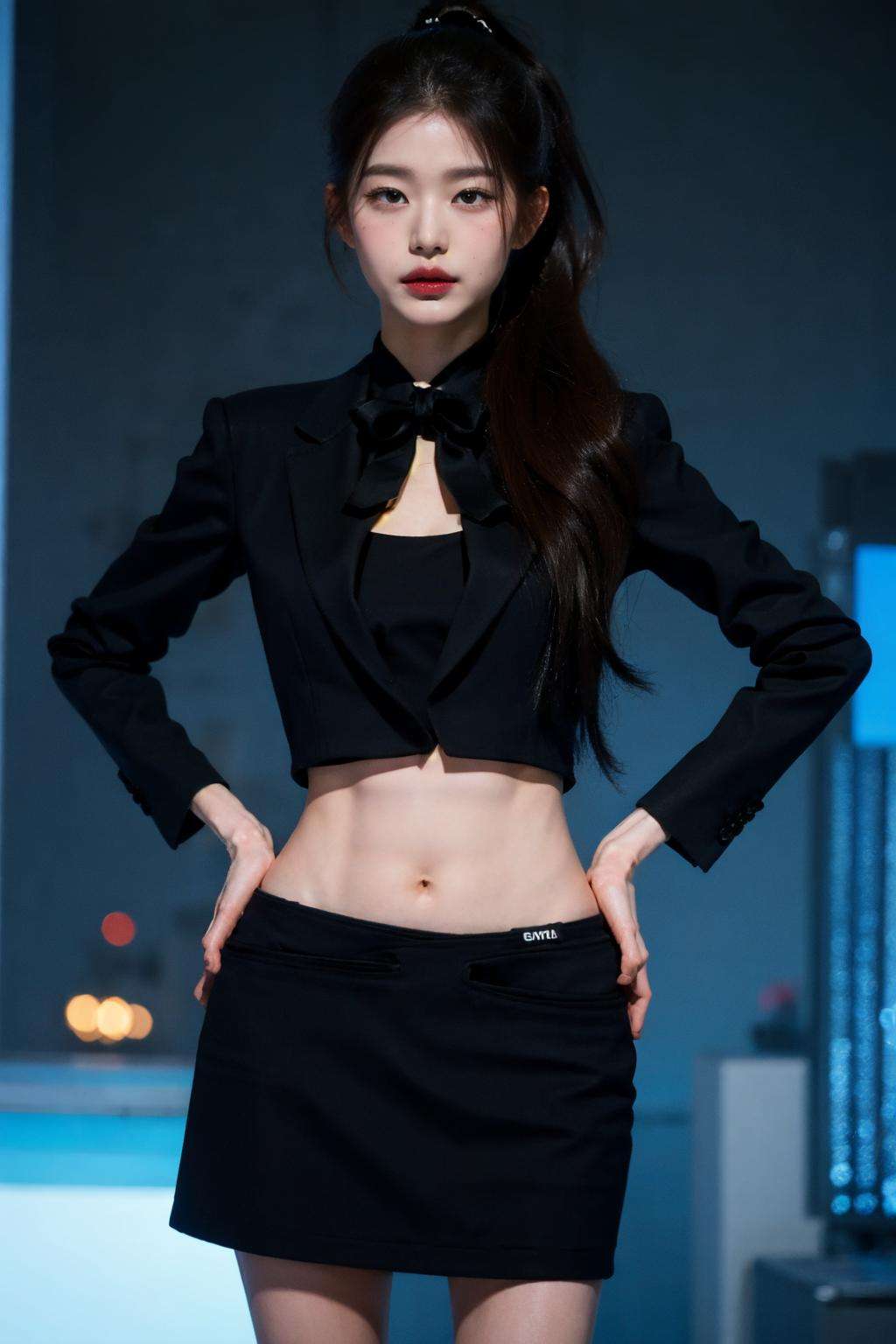 1girl,solo,realistic, photorealistic, (extremely detailed face), looking at viewer, ultra-detailed eyes and pupils, ultra detailed, serious expression, slender figure, standing against a city skyline at night, all black business suits, Suit skirt, midriff, ponytail,  <lora:wonyounglorashy:1>