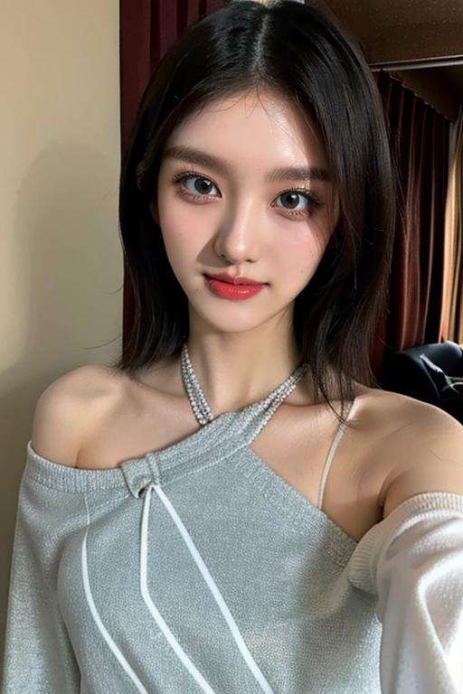 1girl,(masterpiece:1.2), (best quality:1.2), (extremely detailed), selfie from center front, (extremely detailed face), ((ultra-detailed eyes and pupils)), broad shoulder, (ultra detailed), 8k, photorealistic, pretty face, smile, instagram shot, instagram style, in the bedroom, looking at viewer, facing front, smiling, perfect skin, cinematic lighting, fair skin, black hair, black eyes, portrait photo, slender, no makeup, nikon RAW photo, 8k ,Fujifilm XT3, photorealistic, detailed face, fair skin, perfect shape, slim face, indoors, dim lighting,(looking at viewer:1.2), <lora:gaeullorashy:1>