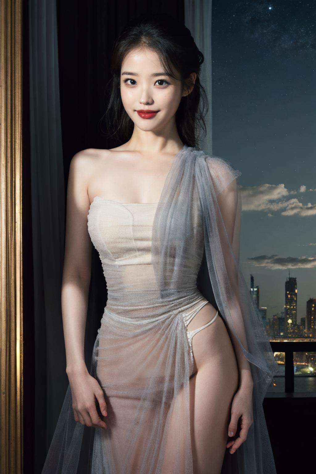 nikon RAW photo,8 k,Fujifilm XT3,close up photo, masterpiece, best quality, 1girl,solo,realistic, photorealistic, (extremely detailed face), ultra-detailed eyes and pupils, looking at viewer, ultra detailed, serious expression, slender figure, standing against a city skyline at night, ((dress)), (((night))), sleeveless, tiny waist, big hip, (smile),  feminine hand, <lora:iulorashy:1>