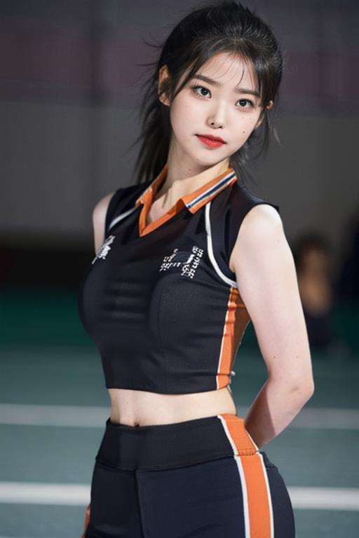 1girl, volleyball uniform, thighs, eyeliner, eyelashes, perfect face, perfect skin, ((ultra-detailed eyes)), dim lighting, bokeh, ((indoor stadium)), audience,sleeveless, crop top, midriff, (masterpiece, high quality:1.2), ((arms behind back)), bare face, closed mouth, ((black jersey)), sport attire, high ponytail, ((low saturated)), (low contrast), <lora:haikyuu:1> <lora:iulorashy:1>