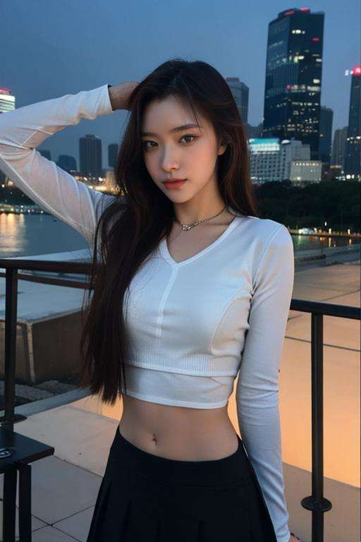 Fujifilm XT3, 8k,close up photo, masterpiece, best quality, (((1girl))), solo,realistic, ((looking at viewer)), photorealistic, (extremely detailed face), looking at viewer, ultra-detailed eyes and pupils, ultra detailed, serious expression, standing against a city skyline at night, cropped top,shirts, Suit skirt, ((navel)), abs, <lora:mayalorashy:1>