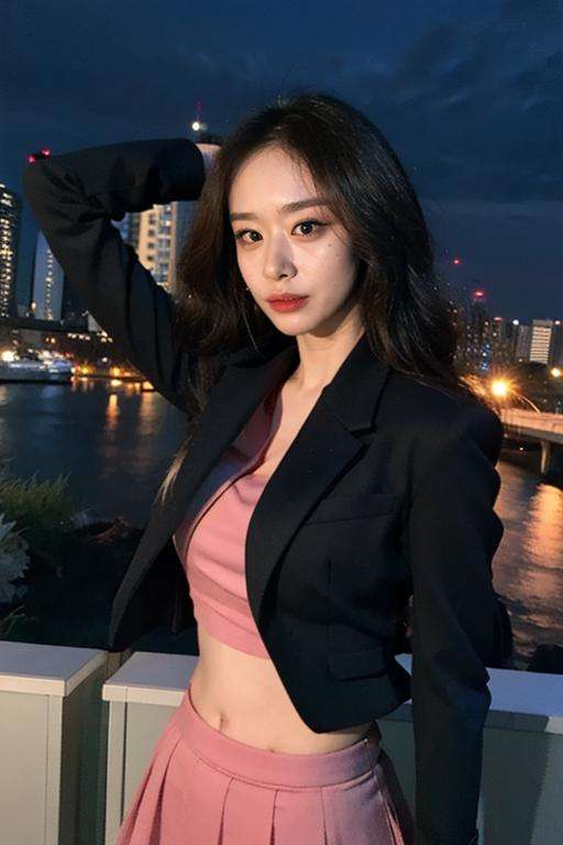 Fujifilm XT3, 8k,close up photo, masterpiece, best quality, (((1girl))), solo,realistic, ((looking at viewer)), photorealistic, (extremely detailed face), looking at viewer, ultra-detailed eyes and pupils, ultra detailed, serious expression, standing against a city skyline at night, cropped top,shirts, Suit skirt, ((navel)), <lora:jiyeonlorashy:1>