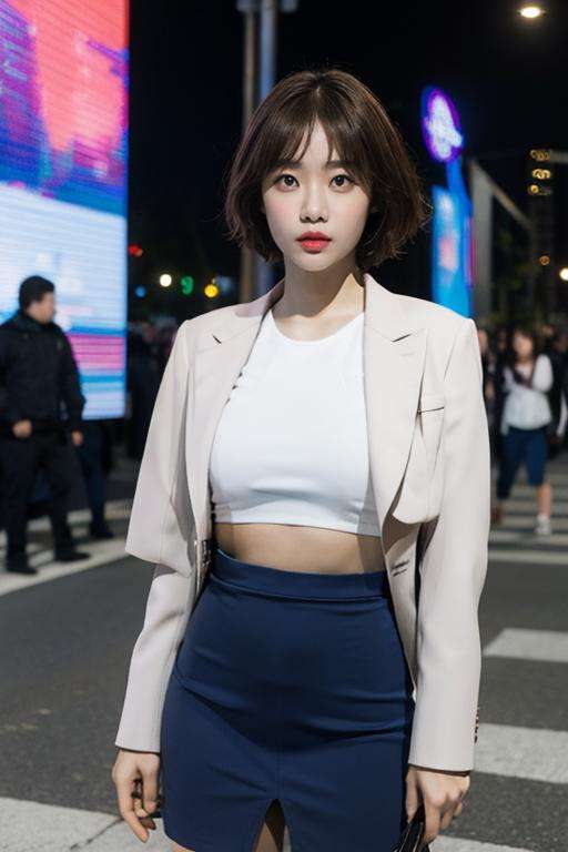 Fujifilm XT3, 8k,close up photo, masterpiece, best quality, (((1girl))), solo,realistic, ((looking at viewer)), photorealistic, (extremely detailed face), looking at viewer, ultra-detailed eyes and pupils, ultra detailed, serious expression, standing against a city skyline at night, cropped top,shirts, Suit skirt, ((navel)), short hair, brown hair, <lora:aoayunalorashy:1>