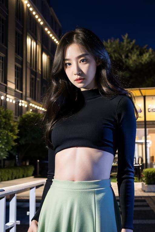 Fujifilm XT3, 8k,close up photo, masterpiece, best quality, (((1girl))), tall figure, solo,realistic, ((looking at viewer)), photorealistic, (extremely detailed face), looking at viewer, ultra-detailed eyes and pupils, ultra detailed, serious expression, standing against a city skyline at night, cropped top,shirts, Suit skirt, ((navel)), <lora:dasomlorashy:1>