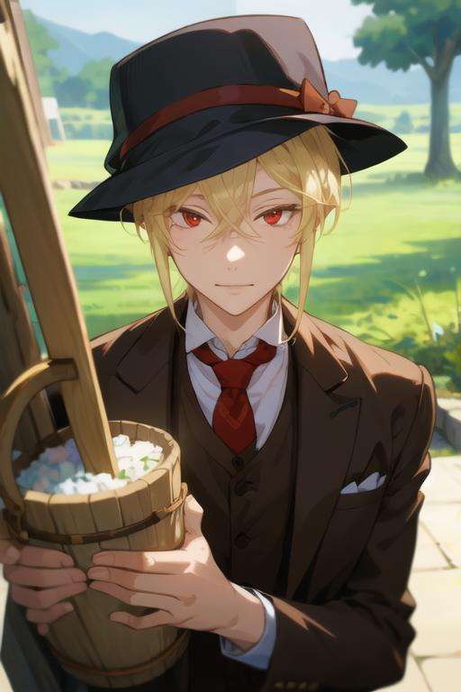 masterpiece, best quality, illustration, 1boy, solo, male focus, looking at viewer, upper body, depth of field, <lora:william_james_moriarty:0.70>, william_james_moriarty, blonde hair, red eyes, suit pants, bucket hat, ,