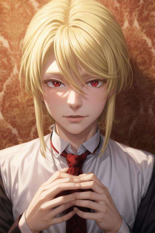 masterpiece, best quality, wallpaper, 1boy, solo, male focus, looking at viewer, upper body, , <lora:william_james_moriarty:0.74>, william_james_moriarty, blonde hair, red eyes, long sleeve shirt, , ,