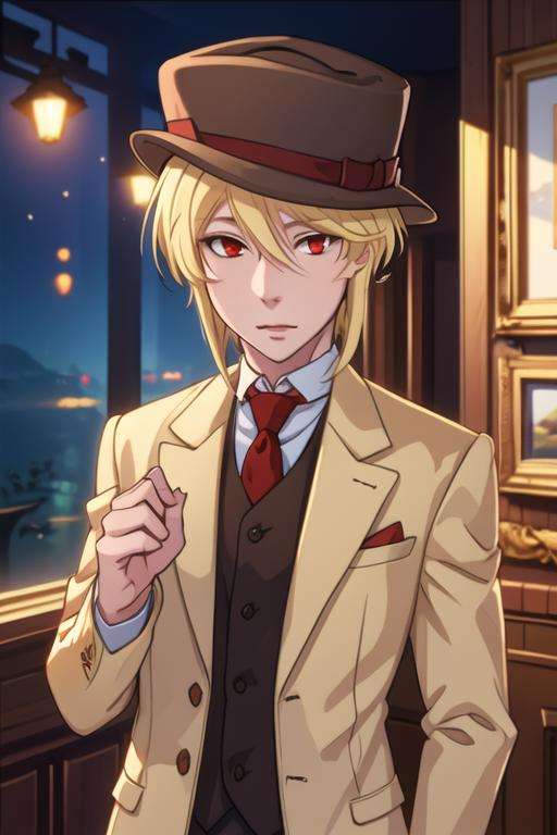 masterpiece, best quality, game cg, 1boy, solo, male focus, looking at viewer, upper body, depth of field, <lora:william_james_moriarty:0.66>, william_james_moriarty, blonde hair, red eyes, , panama hat, ,