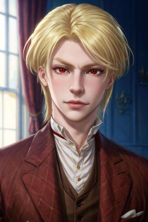 masterpiece, best quality, game cg, 1boy, solo, male focus, looking at viewer, upper body, , <lora:william_james_moriarty:0.66>, william_james_moriarty, blonde hair, red eyes, , ,