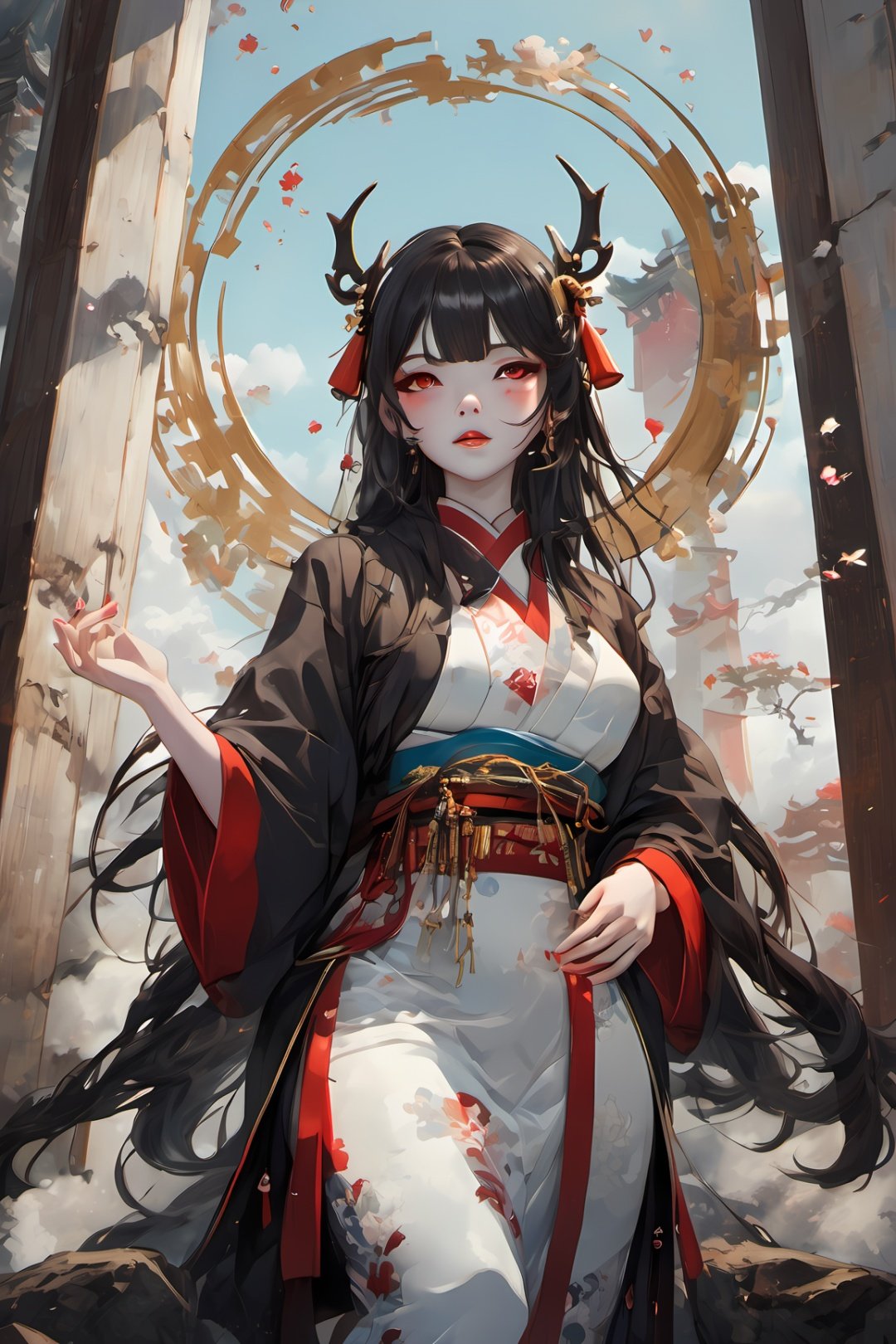 1girl, miyo, ((Japanese goddess)), intricate black kimono, red eyes, (kanzashi), rich flowing black hair, beautiful face, standing on the clouds, sea, scenery, cliffs, stone Torii,,, , , , 