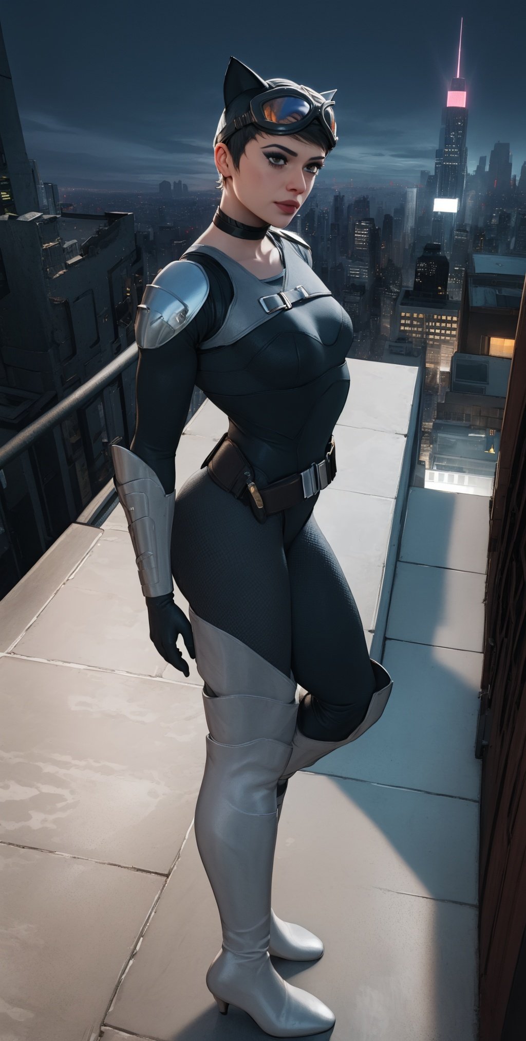 Selina,solo,lips,short hair,black hair,brown eyes, looking at viewer, 
Kyle,goggles on head,boots,head cap with cat ears,armor,gloves,bodysuit,belt,collar,thigh boots,choker, inner thigh cutout,
 upper body,  solo,  standing, close up, smug,   
  night, stars, rooftop,  Gotham city, 
(insanely detailed, beautiful detailed face, masterpiece, best quality)    ,Kyle