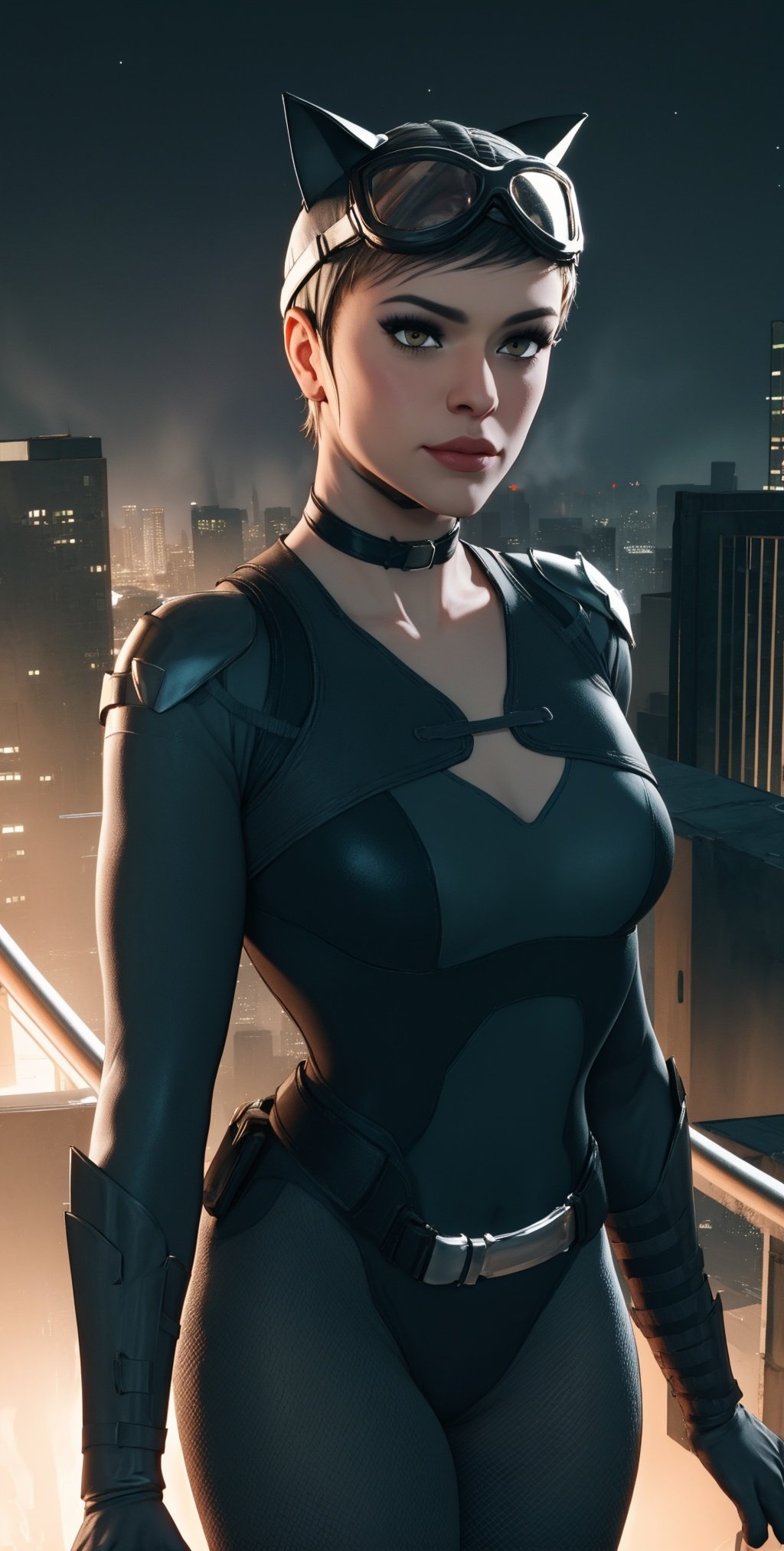 Selina,solo,lips,short hair,black hair,brown eyes, looking at viewer, 
Kyle,goggles on head,,head cap with cat ears,armor,gloves,bodysuit,belt,collar,,choker, inner thigh cutout,
 upper body,  solo, , smug,   
  night, stars, rooftop,  Gotham city, 
(insanely detailed, beautiful detailed face, masterpiece, best quality)    ,Kyle