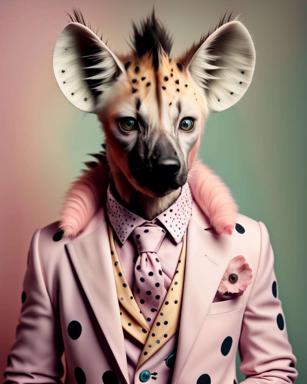 photo portrait,  a hyena dressed in a fancy outfit with a pink collar and a pink tie and a pink jacket with polka dots on it , Annabel Kidston, professional photo, a character portrait, kitsch movement, pastel colors