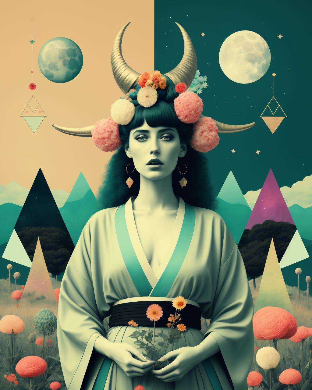 (african woman) with kimono and big horns and flowers in her turquoise hair in the middle of a field of candy,  Arabella R...