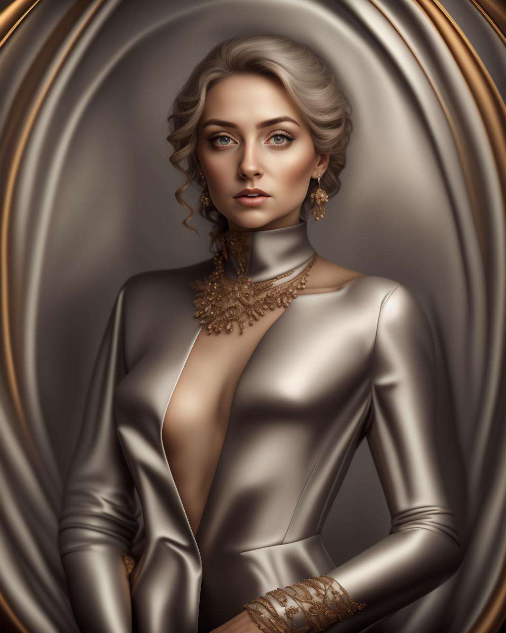 a woman in a silver and gold outfit , professional photography