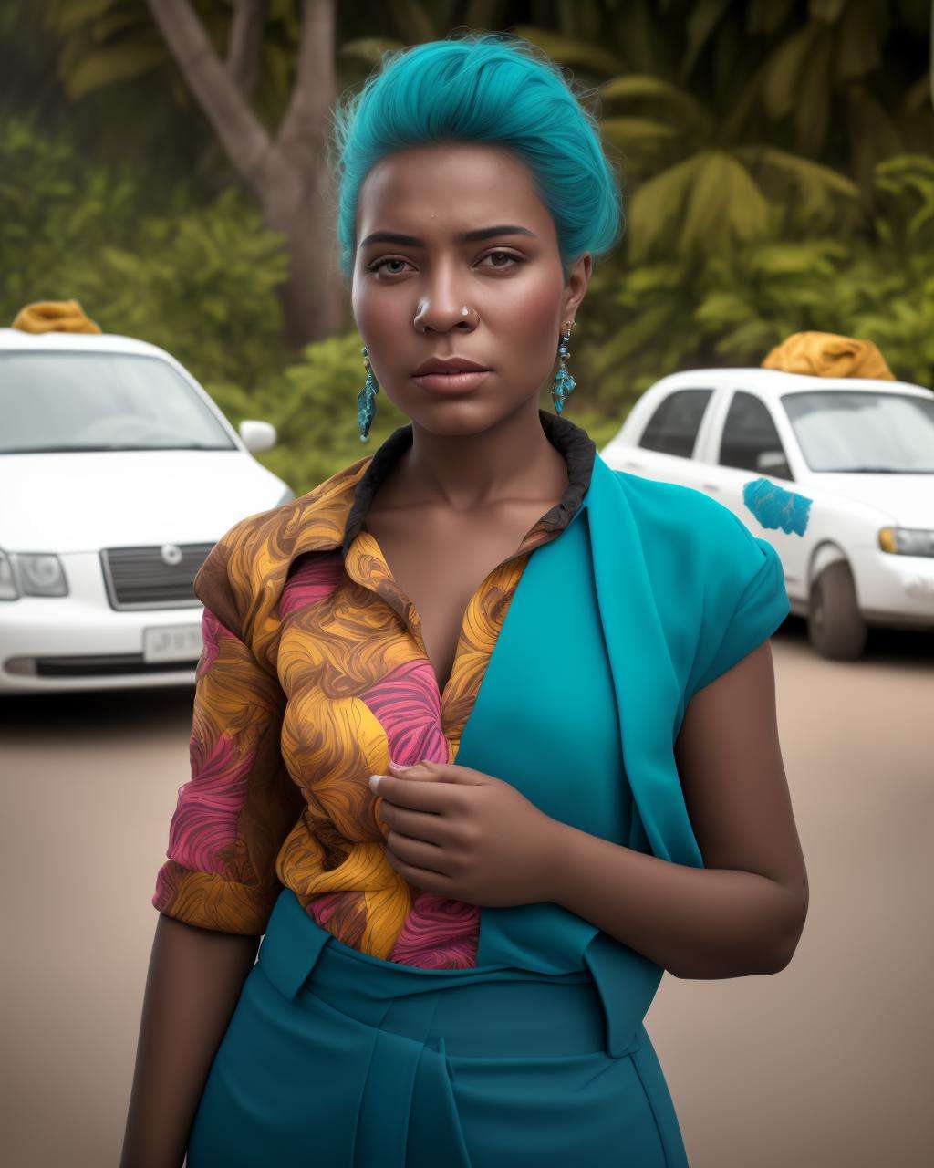 a photo portrait of a  elegant Hawaiians   with teal hair,  photo by Lua Ribeira , in Equatorial Guinea in background, with chocolate wear clothes  by Peter Werth,  in a Taxi-driver workplace, happy feeling ,  with bright cinnabar  color eyes,  real life