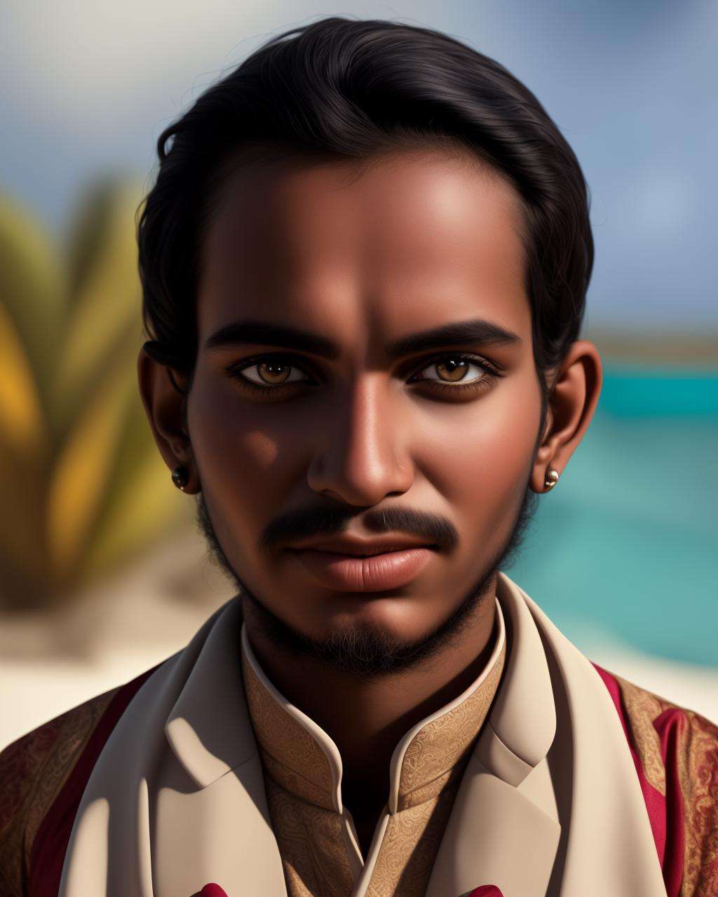 a photo portrait of a  meek Maldivians   male with olive hair,  photo by Melissa Lazuka , in Antigua and Barbuda in background, with cardinal wear clothes  by Hardy Amies,  in a Zoologist workplace, frigid feeling ,  with bright taupe  color eyes,  real life