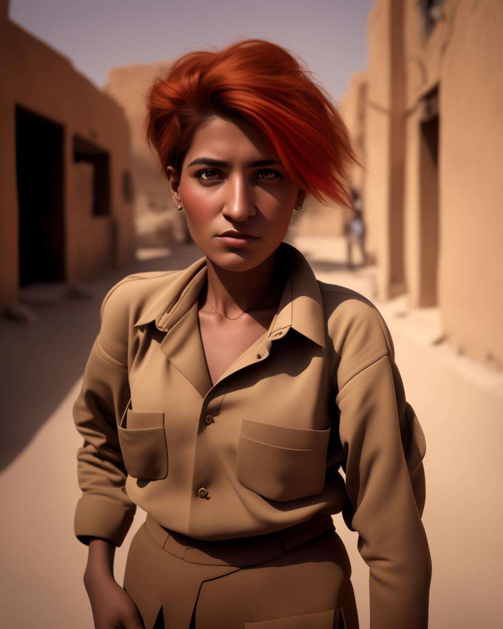 a photo portrait of a  annoying Nyishi   female with cinnamon hair,  photo by Helen Levitt , in Iraq in background, with bronze wear clothes  by Melinda Looi,  in a President workplace, excited feeling ,  with bright raw-umber  color eyes,  real life