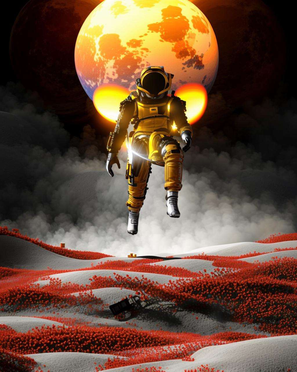 a man in a space suit with wings on a rock with a red light behind him and a lion on the other side of the wall