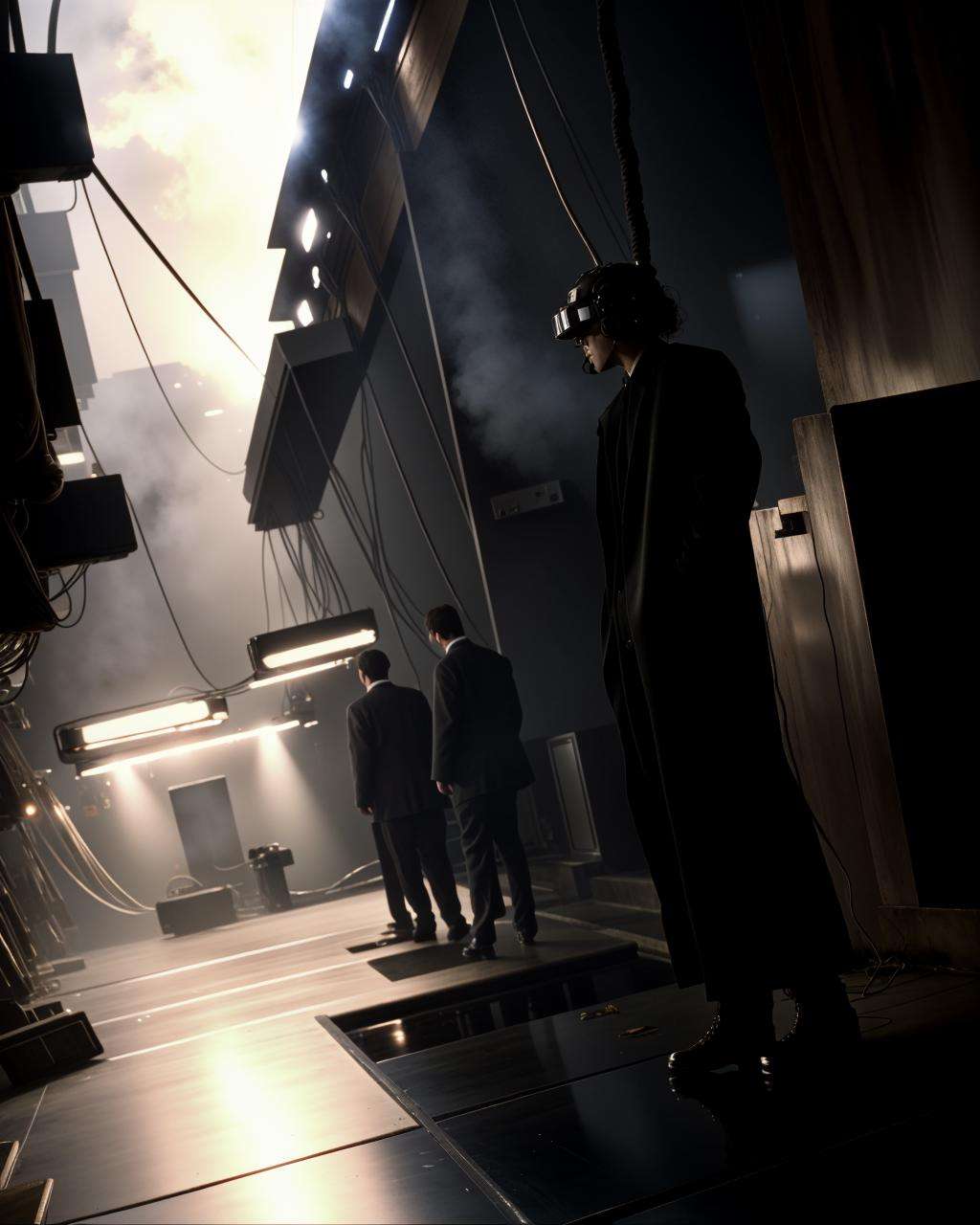 three people standing in a dark room with a dark background ,  high quality,  high textured by Ciro Negrogni on Tensor.Art